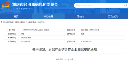 【热度】川渝铝产业链合作企业白名单发布（附电解铝、氧化铝企业名单）