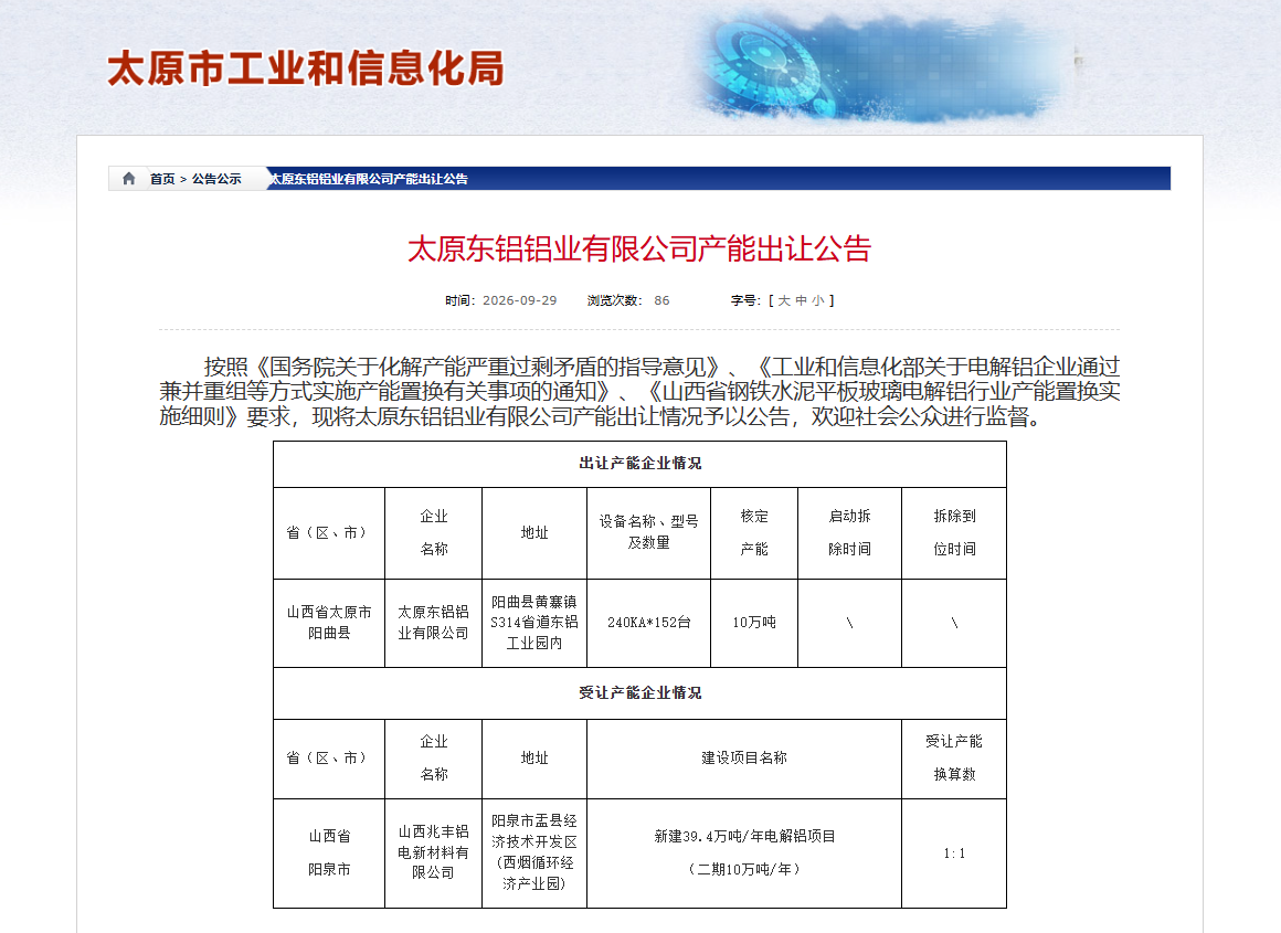 【热度】太原东铝10万吨产能“搬家”！花落兆丰铝电？